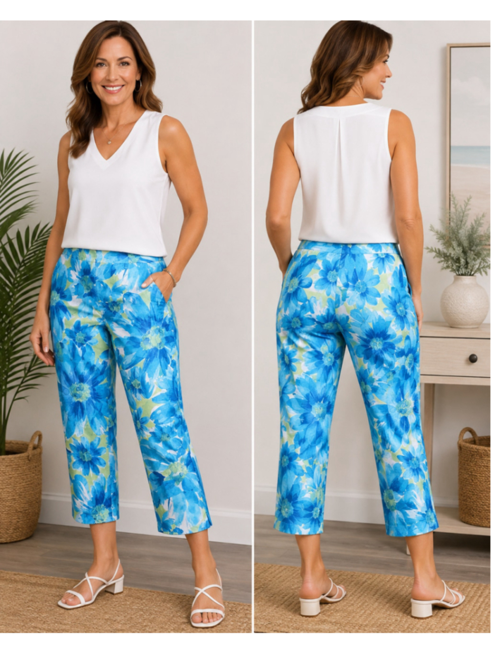 Women's Dressbarn Floral Cropped Pants Size 12 Blue Green